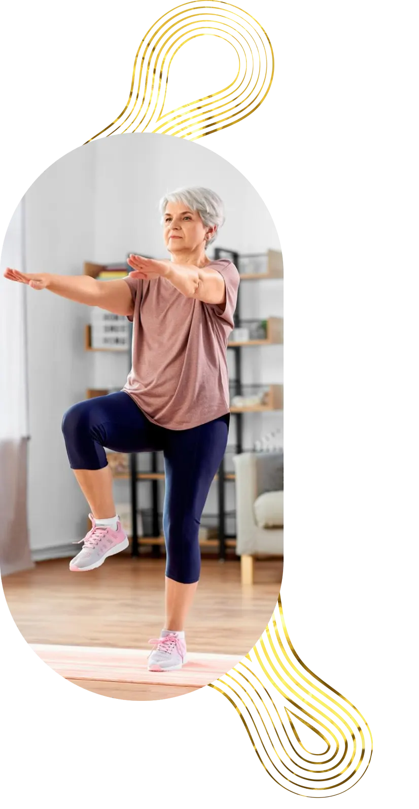 A senior woman doing a balance exercise at home